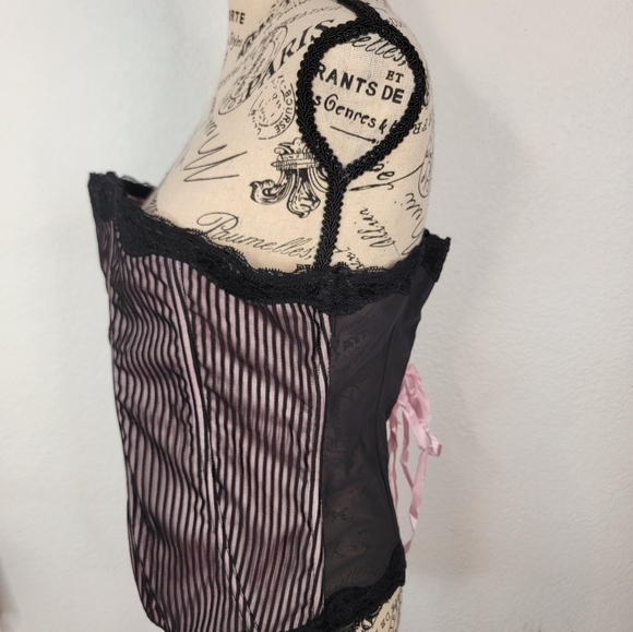 Cacique Sensual Corset Top 14/16 Pink Black Lace Up Boning Lace Overlaid - Picture 4 of 9